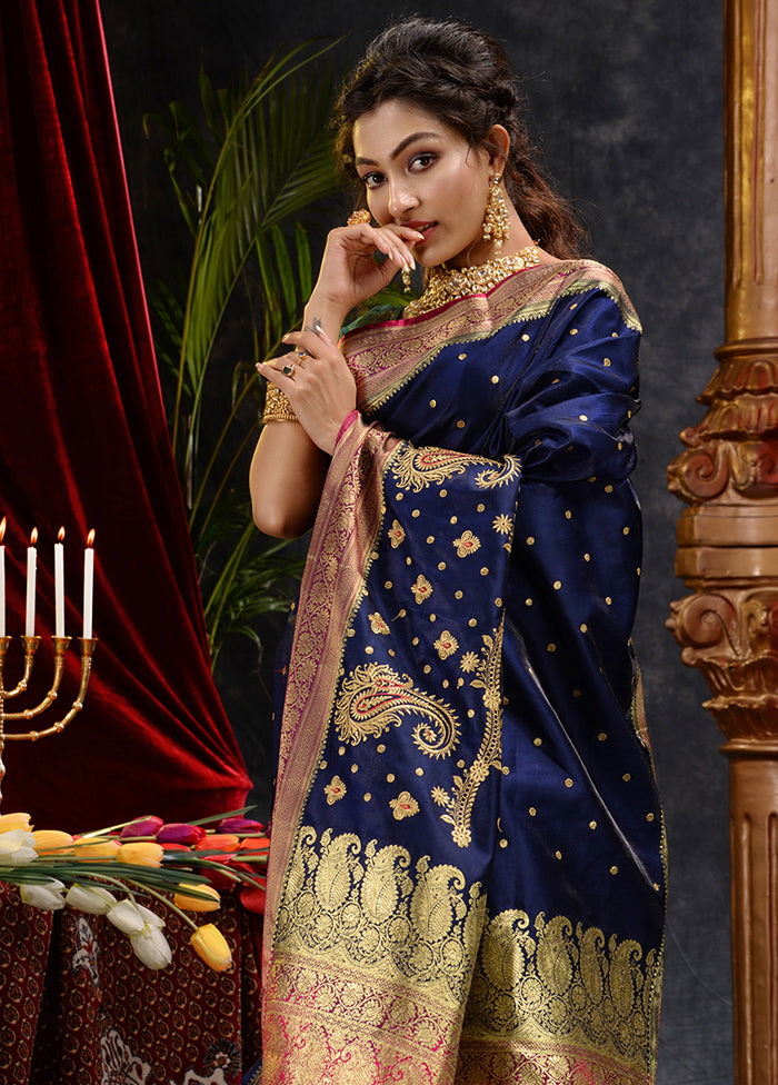 Navy Blue Spun Silk Saree With Blouse Piece