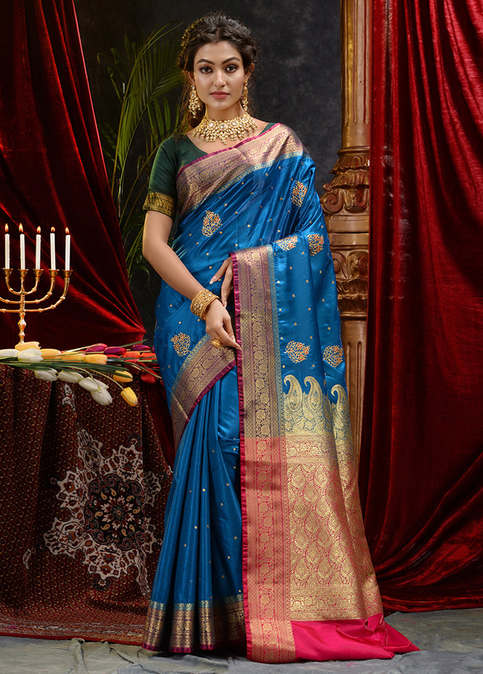 Blue Spun Silk Saree With Blouse Piece