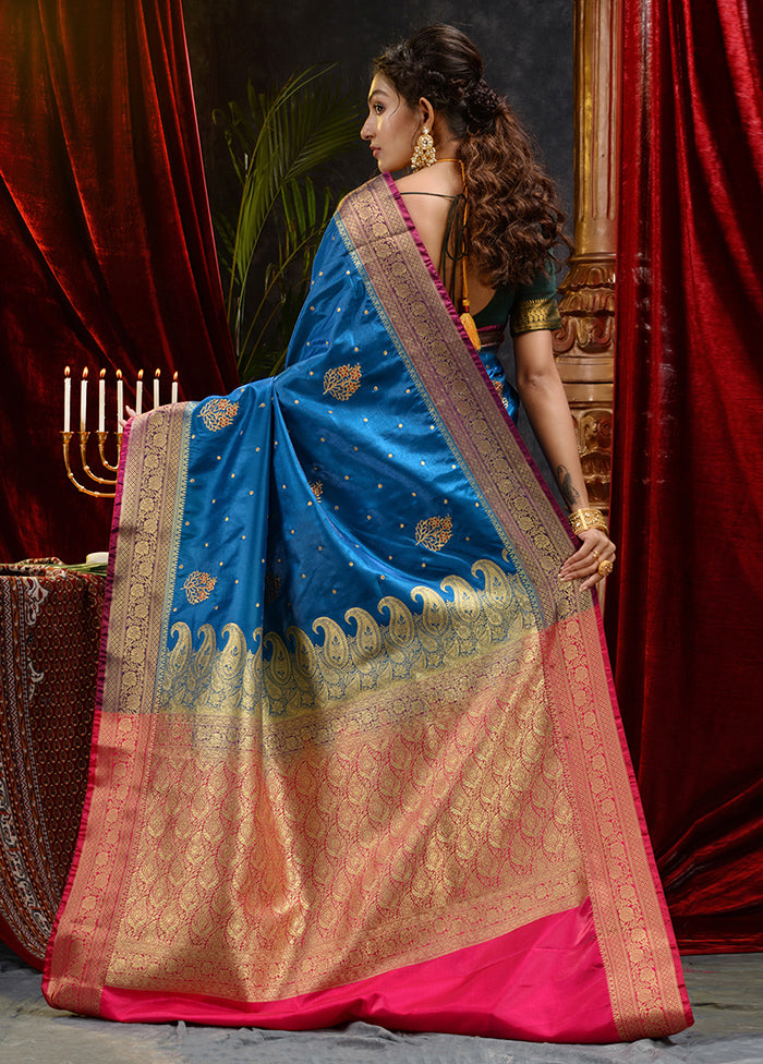 Blue Spun Silk Saree With Blouse Piece