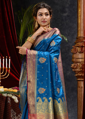 Blue Spun Silk Saree With Blouse Piece