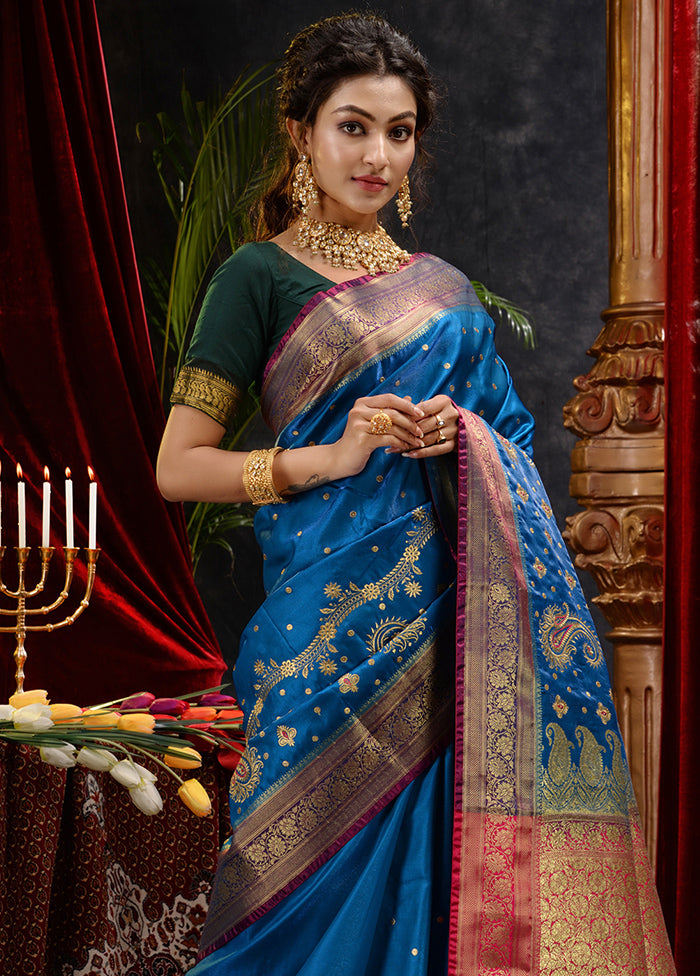 Blue Spun Silk Saree With Blouse Piece