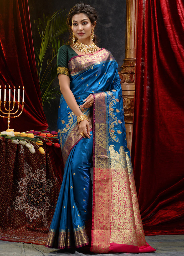 Blue Spun Silk Saree With Blouse Piece