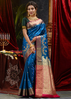 Blue Spun Silk Saree With Blouse Piece