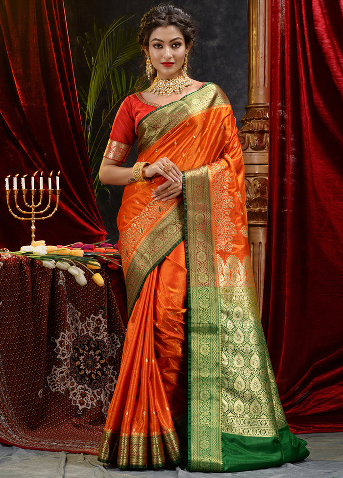 Orange Spun Silk Saree With Blouse Piece