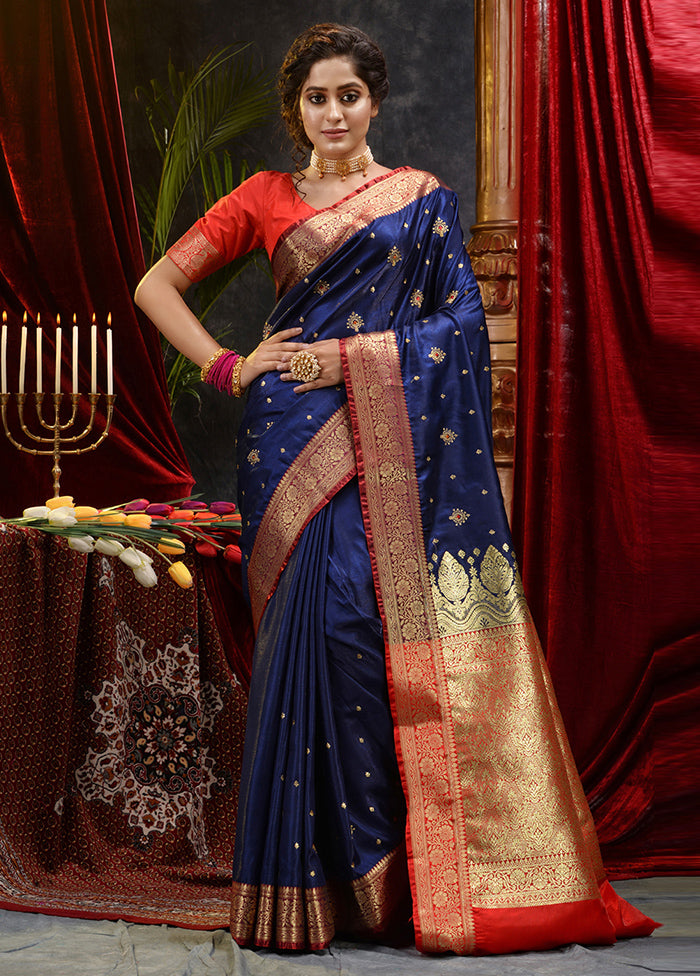 Navy Blue Spun Silk Saree With Blouse Piece