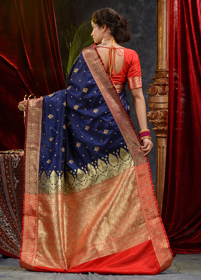 Navy Blue Spun Silk Saree With Blouse Piece