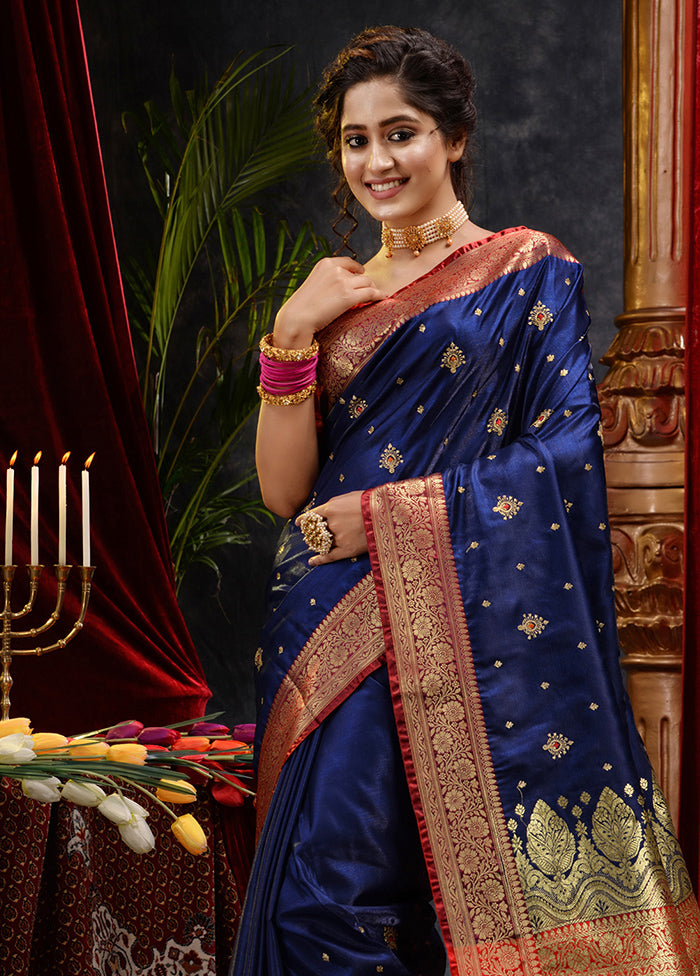 Navy Blue Spun Silk Saree With Blouse Piece