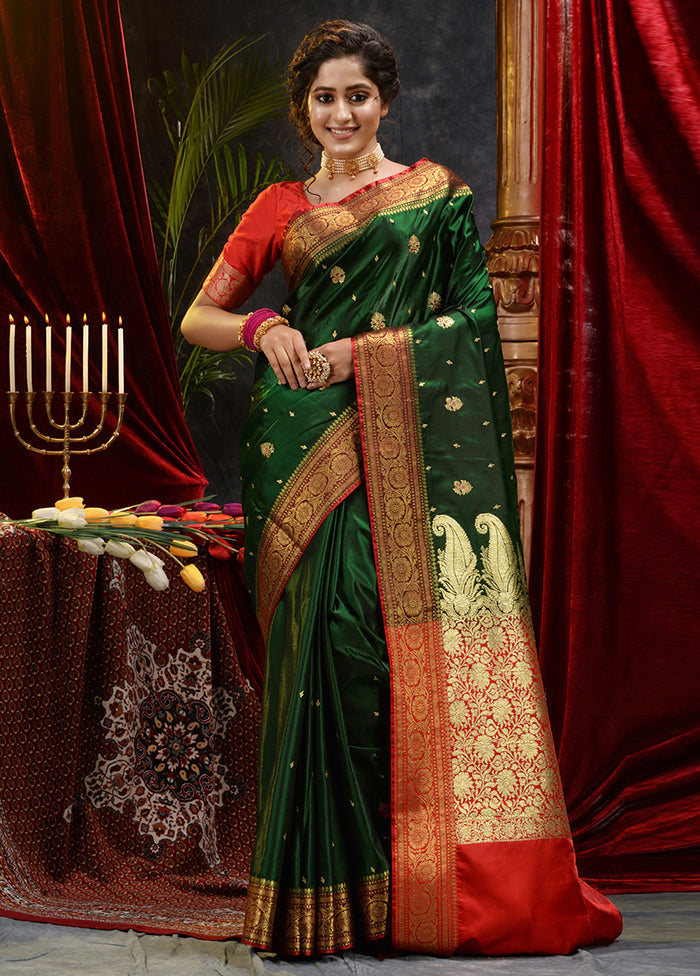 Green Spun Silk Saree With Blouse Piece