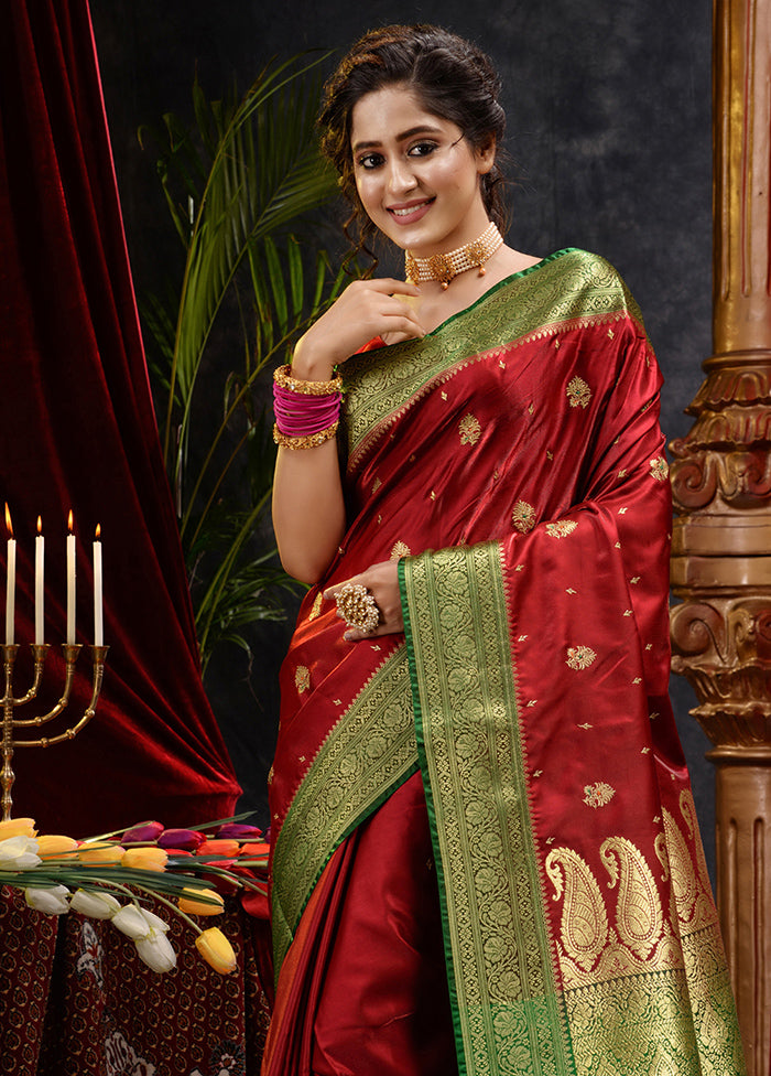 Maroon Spun Silk Saree With Blouse Piece