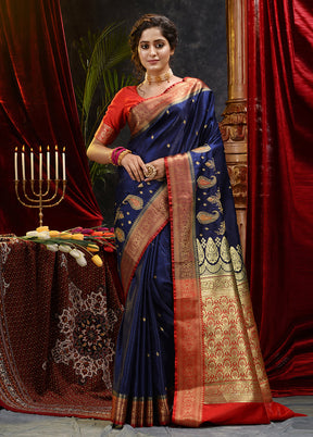 Navy Blue Spun Silk Saree With Blouse Piece