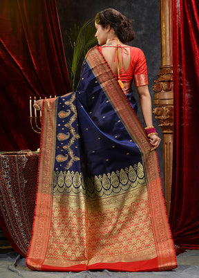 Navy Blue Spun Silk Saree With Blouse Piece