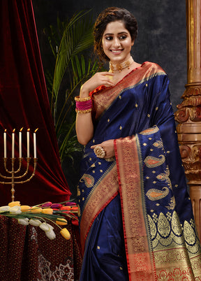 Navy Blue Spun Silk Saree With Blouse Piece