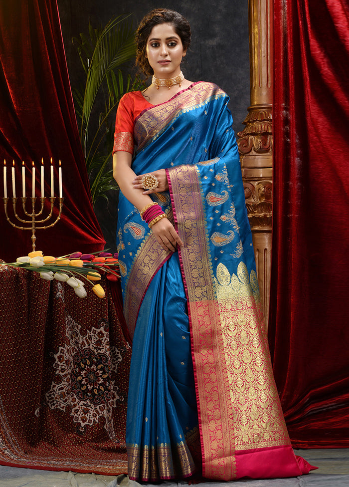 Blue Spun Silk Saree With Blouse Piece