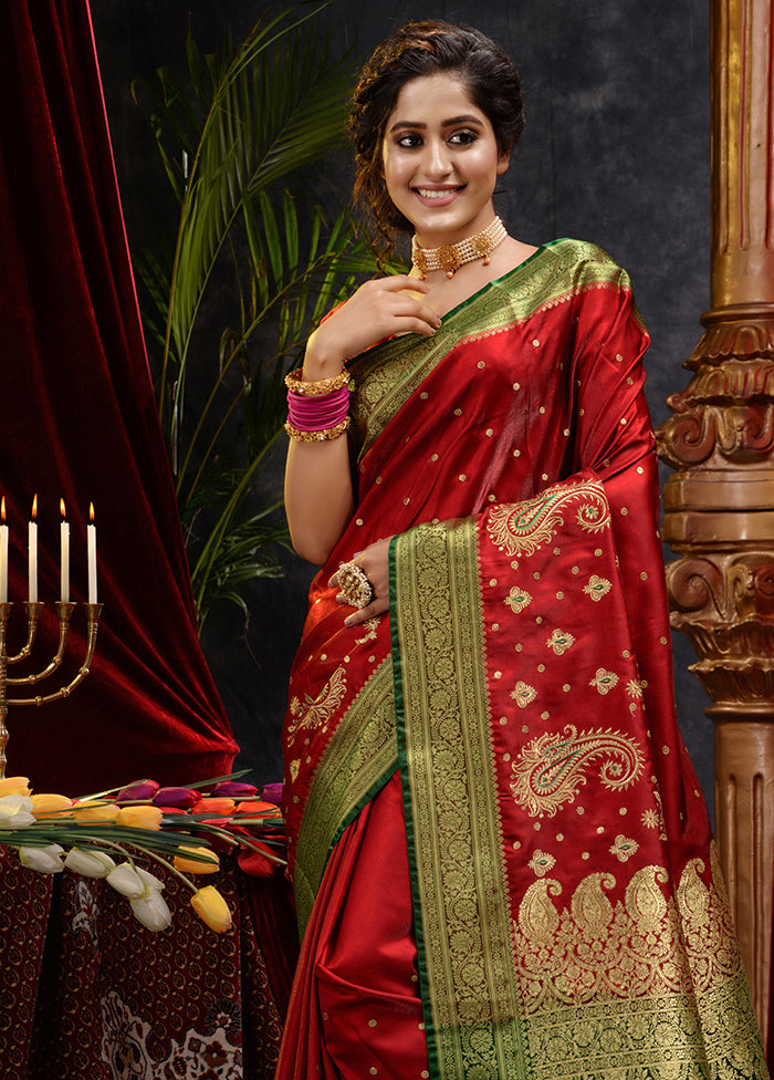 Maroon Spun Silk Saree With Blouse Piece