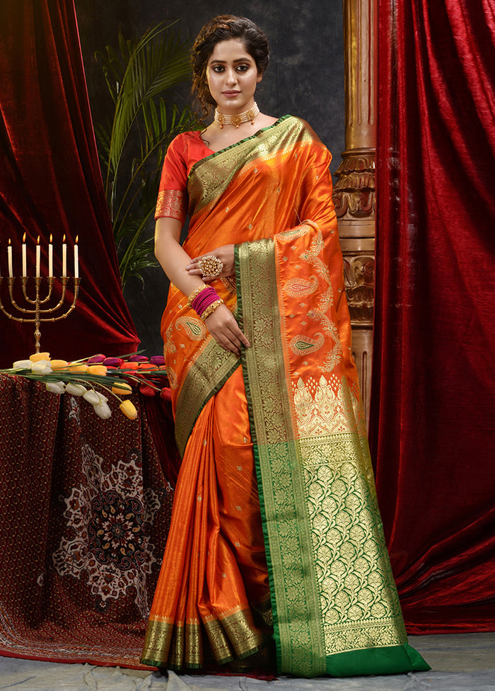 Orange Spun Silk Saree With Blouse Piece