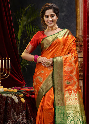 Orange Spun Silk Saree With Blouse Piece