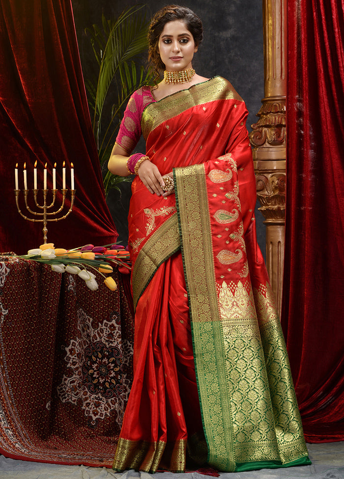 Red Spun Silk Saree With Blouse Piece