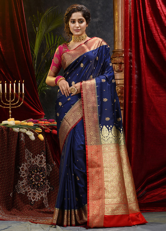 Navy Blue Spun Silk Saree With Blouse Piece