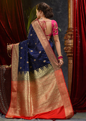 Navy Blue Spun Silk Saree With Blouse Piece