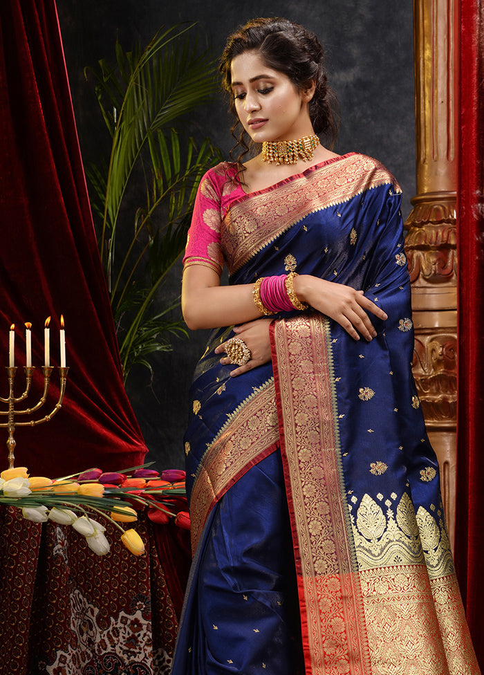 Navy Blue Spun Silk Saree With Blouse Piece