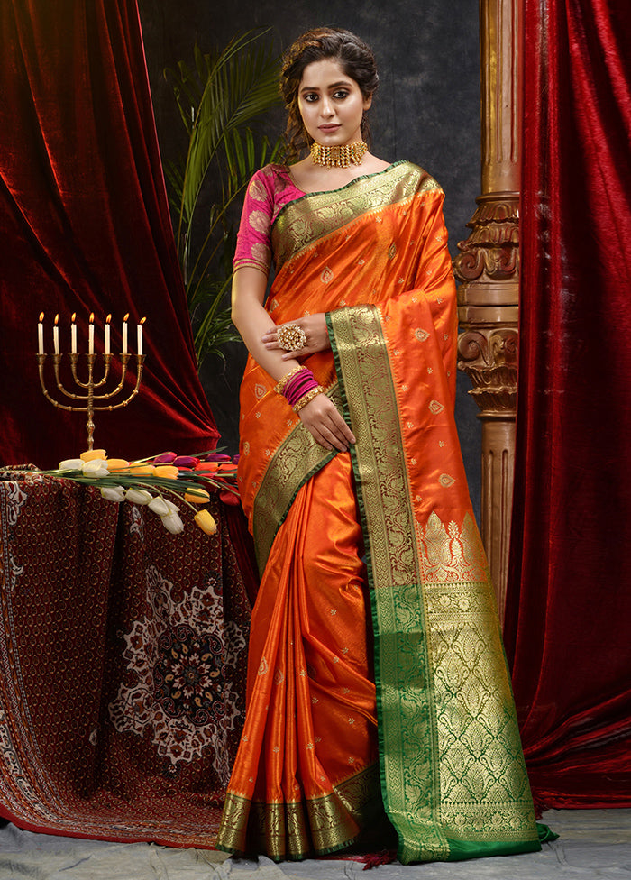 Orange Spun Silk Saree With Blouse Piece