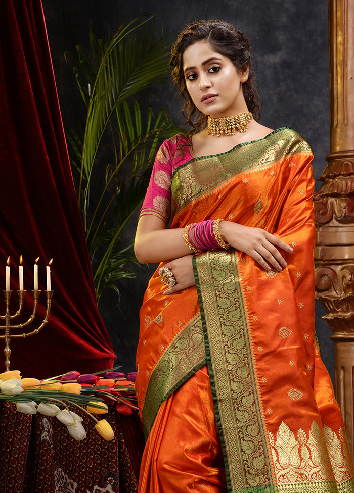 Orange Spun Silk Saree With Blouse Piece