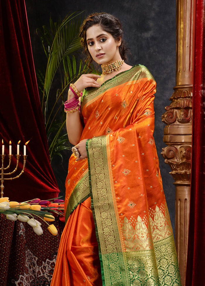 Orange Spun Silk Saree With Blouse Piece