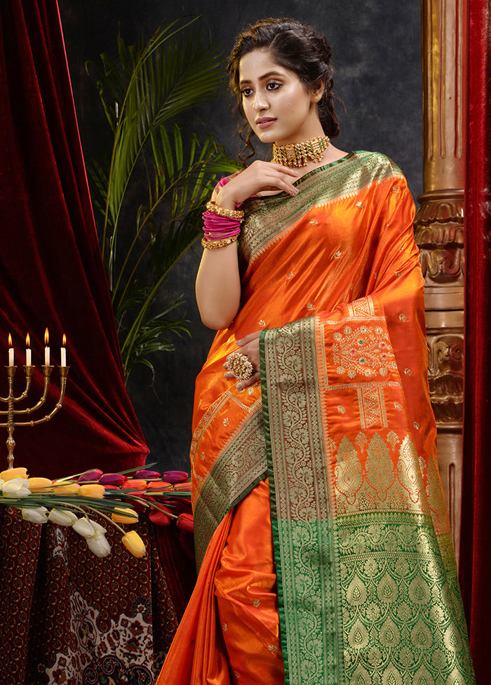 Orange Spun Silk Saree With Blouse Piece