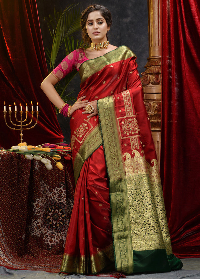 Maroon Spun Silk Saree With Blouse Piece