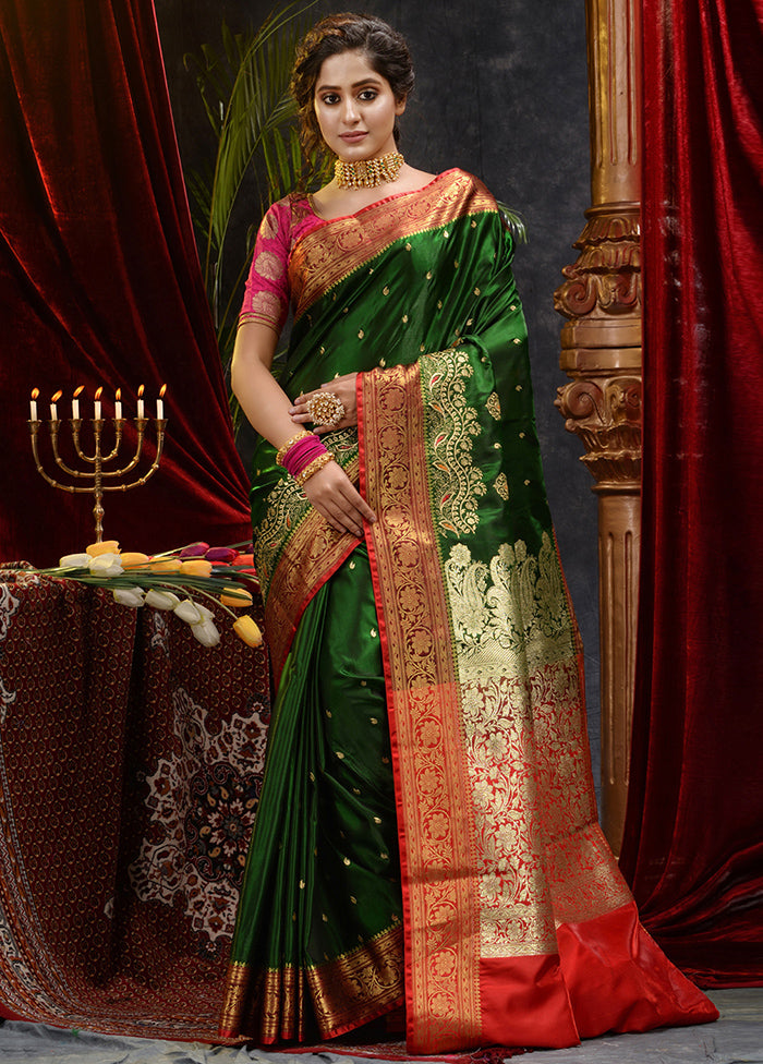 Green Spun Silk Saree With Blouse Piece