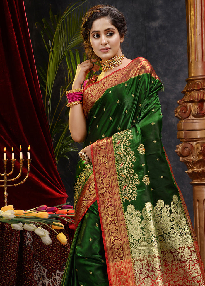 Green Spun Silk Saree With Blouse Piece