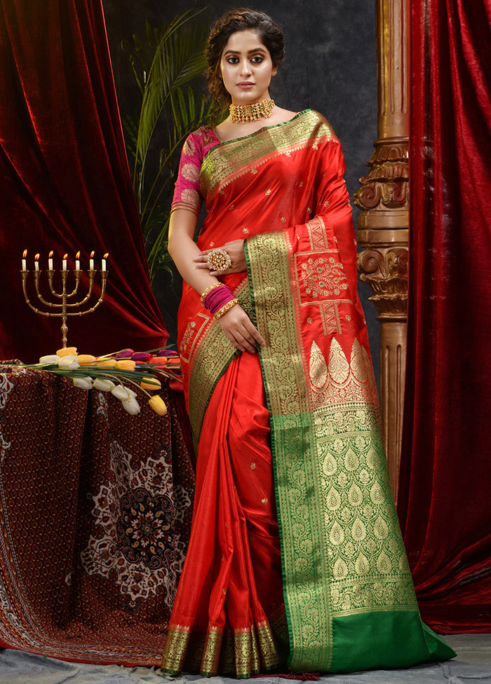 Red Spun Silk Saree With Blouse Piece