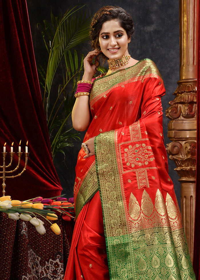 Red Spun Silk Saree With Blouse Piece