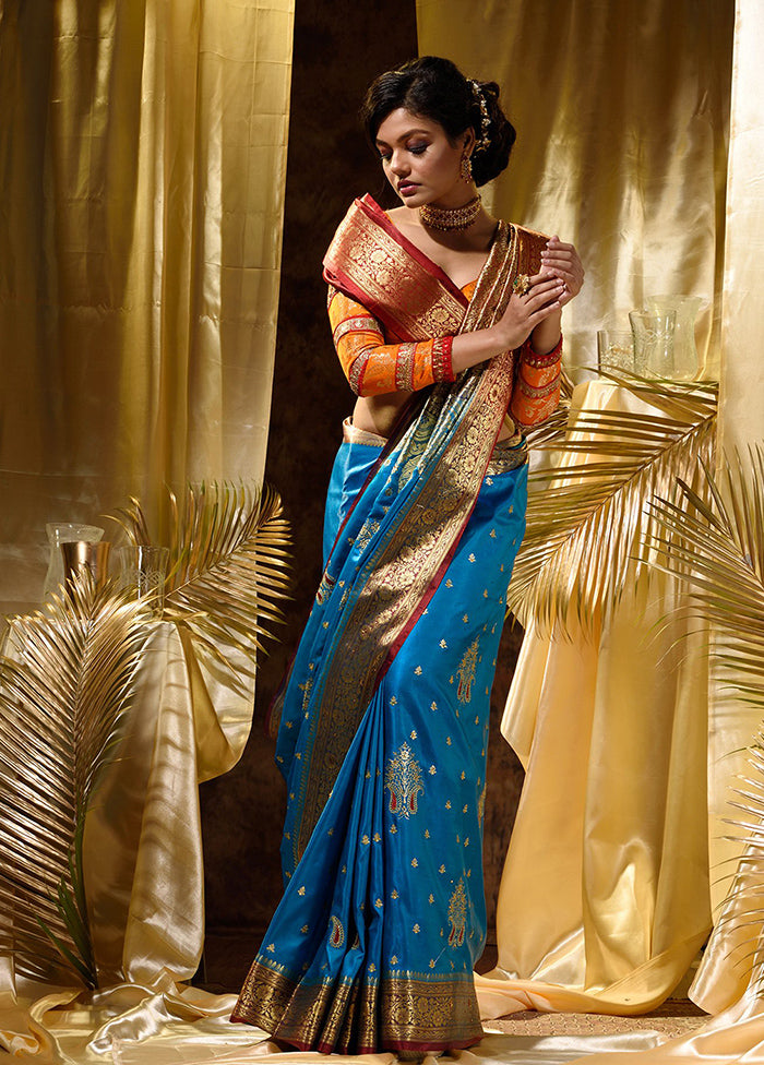 Blue Spun Silk Saree With Blouse Piece