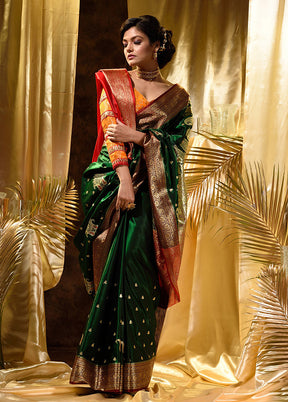 Green Spun Silk Saree With Blouse Piece