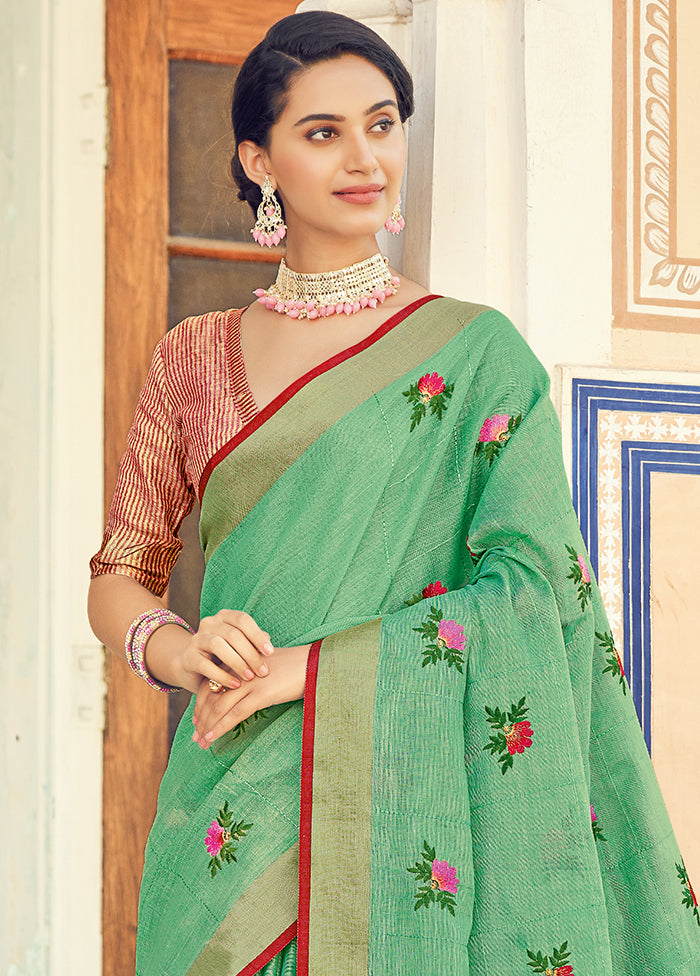 Green Linen Silk Saree With Blouse Piece