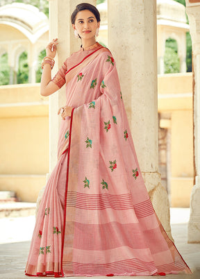 Pink Linen Silk Saree With Blouse Piece