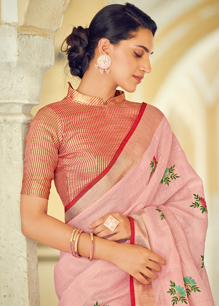 Pink Linen Silk Saree With Blouse Piece