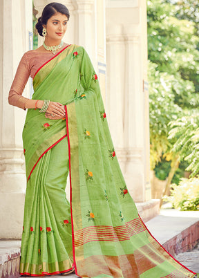 Light Green Linen Silk Saree With Blouse Piece