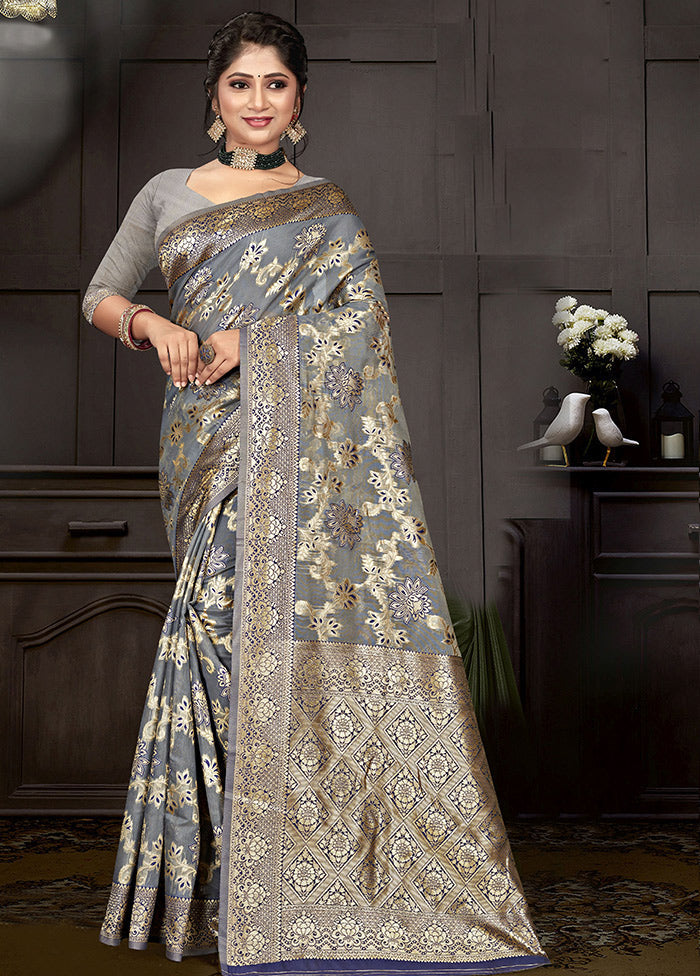 Grey Cotton Woven Saree With Blouse Piece