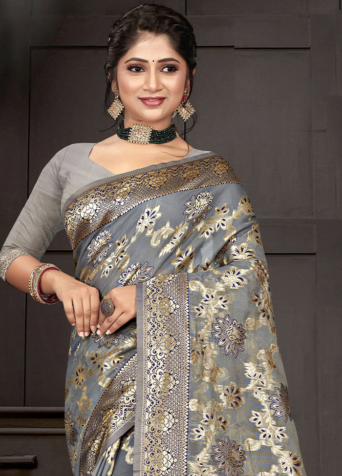 Grey Cotton Woven Saree With Blouse Piece