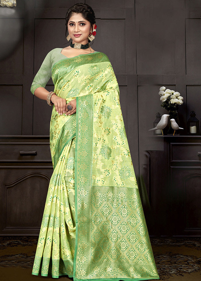 Green Cotton Woven Saree With Blouse Piece