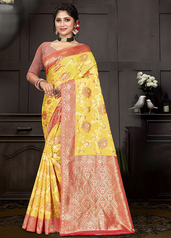 Yellow Cotton Woven Saree With Blouse Piece