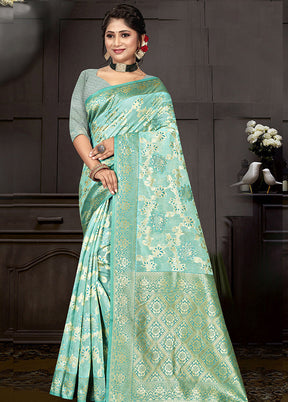 Turquoise Cotton Woven Saree With Blouse Piece