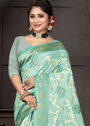 Turquoise Cotton Woven Saree With Blouse Piece