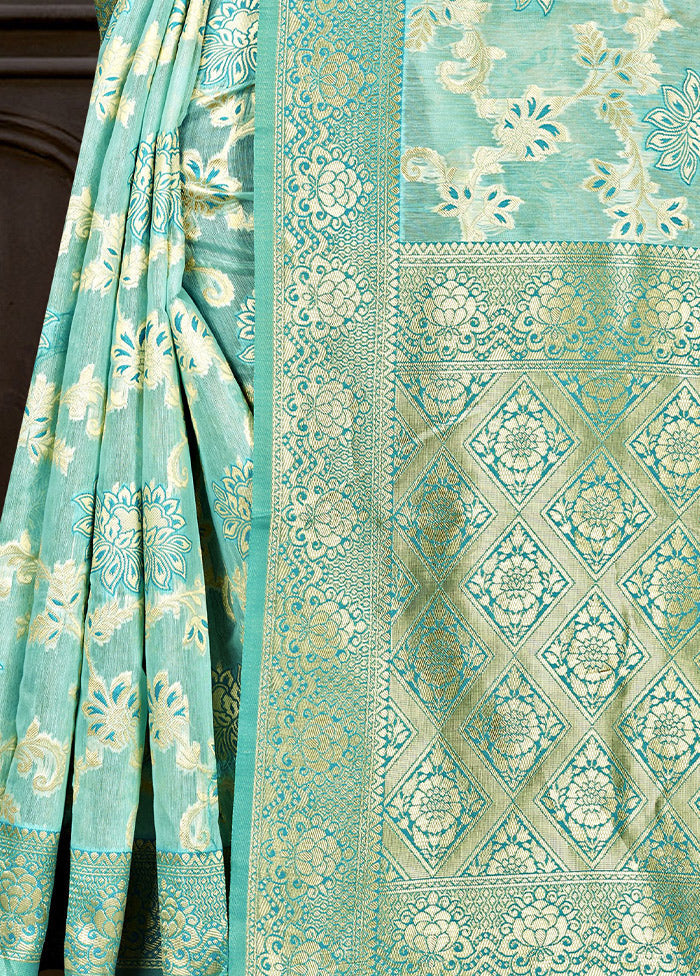 Turquoise Cotton Woven Saree With Blouse Piece