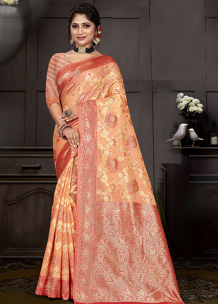 Light Orange Cotton Woven Saree With Blouse Piece