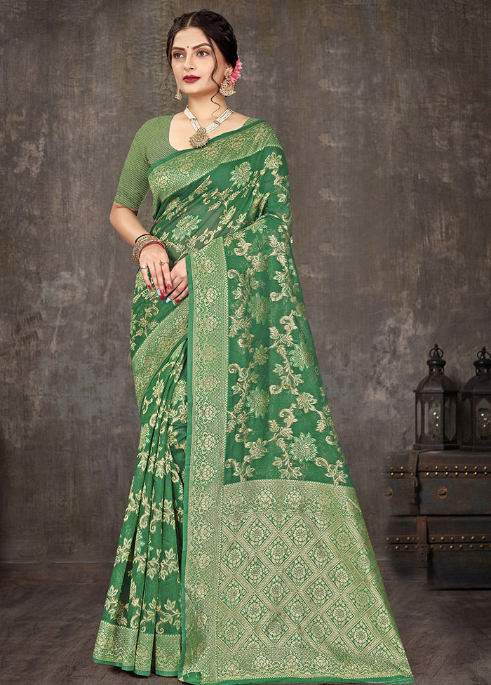 Green Cotton Woven Saree With Blouse Piece