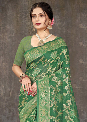 Green Cotton Woven Saree With Blouse Piece