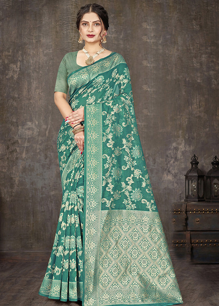 Turquoise Cotton Woven Saree With Blouse Piece